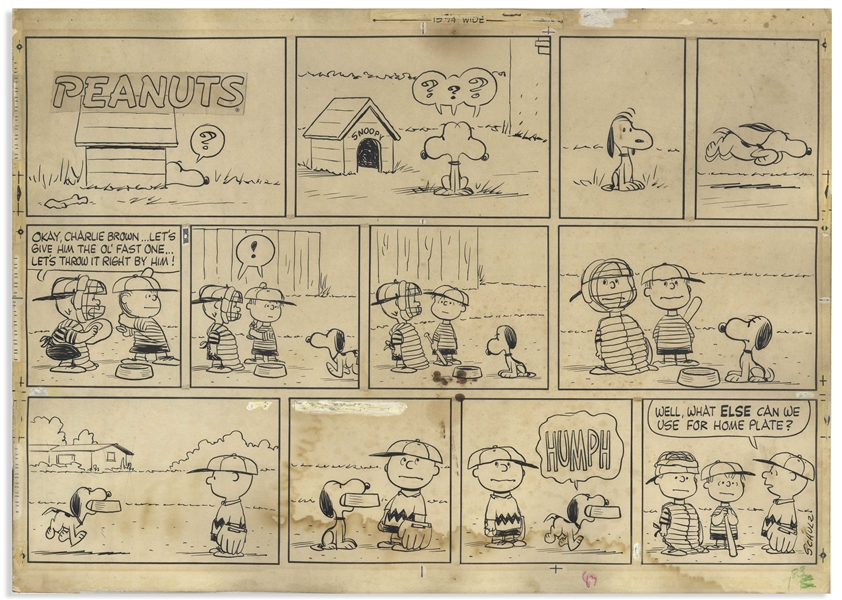 Charles Schulz Original Hand-Drawn Sunday ''Peanuts'' Comic Strip From 1960 -- In This Very Cute Strip, Snoopy Reclaims His Dinner Bowl, Used by Charlie Brown for Home Plate in the Baseball Game